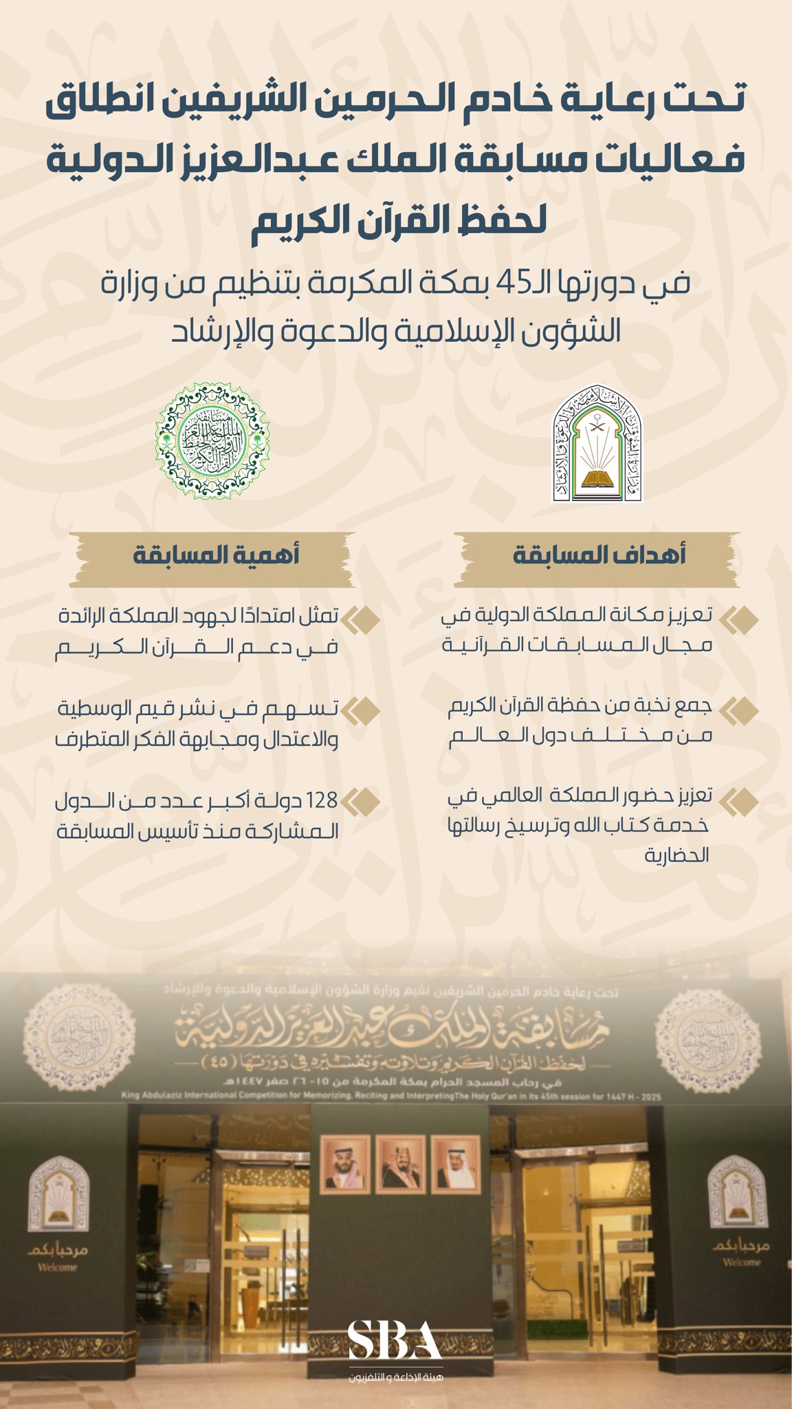 تحت رعاية خادم الحرمين الشريفين.. انطلاق فعاليات مسابقة الملك عبدالعزيز الدولية لحفظ القرآن الكريم وتلاوته وتفسيره في دورتها الـ45 بمكة المكرمة بمشاركة متسابقين من 128 دولة حول العالم.