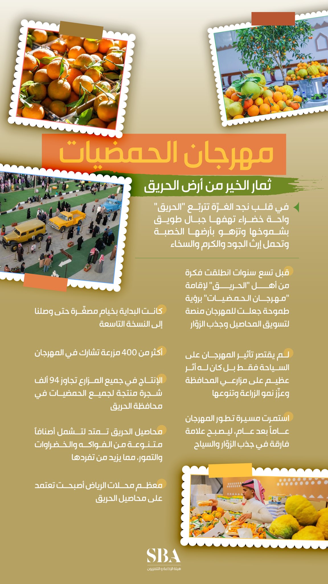 مهرجان الحمضيات في الحريق؛ تجربة سياحية تعكس أصالة المنطقة وتنوع منتجاتها الزراعية، برؤية طموحة تعزز التنمية الاقتصادية والأمن الغذائي في المملكة. 