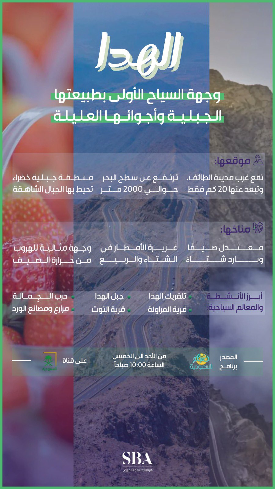 الهدا؛ لوحة جمالية على قمم الطائف، وإحدى أجمل وجهاتها السياحية، تستقطب الزوار بأجوائها الصيفية المعتدلة وطبيعتها الساحرة. 
